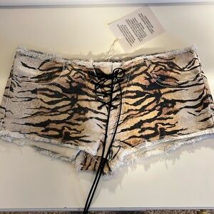 NEW Jaded London Lace Up Cut Off Tiger Denim Hot Pants Shorts 26 Y2K Style